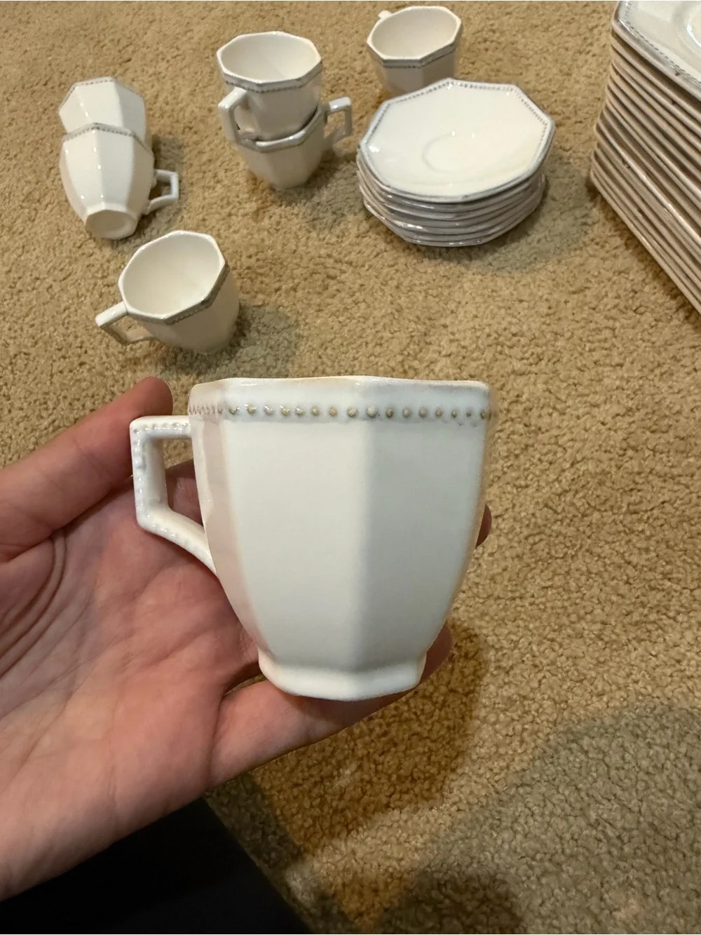 Williams Sonoma French white Octagonal Teacup Cup and Serving Plate Set
